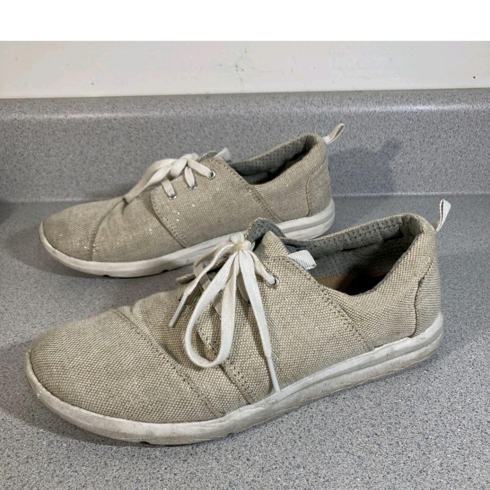 Toms Alpargata Sneaker Womens  Glitter Tan Lace Up Canvas Comfort Beach Size 8.5
